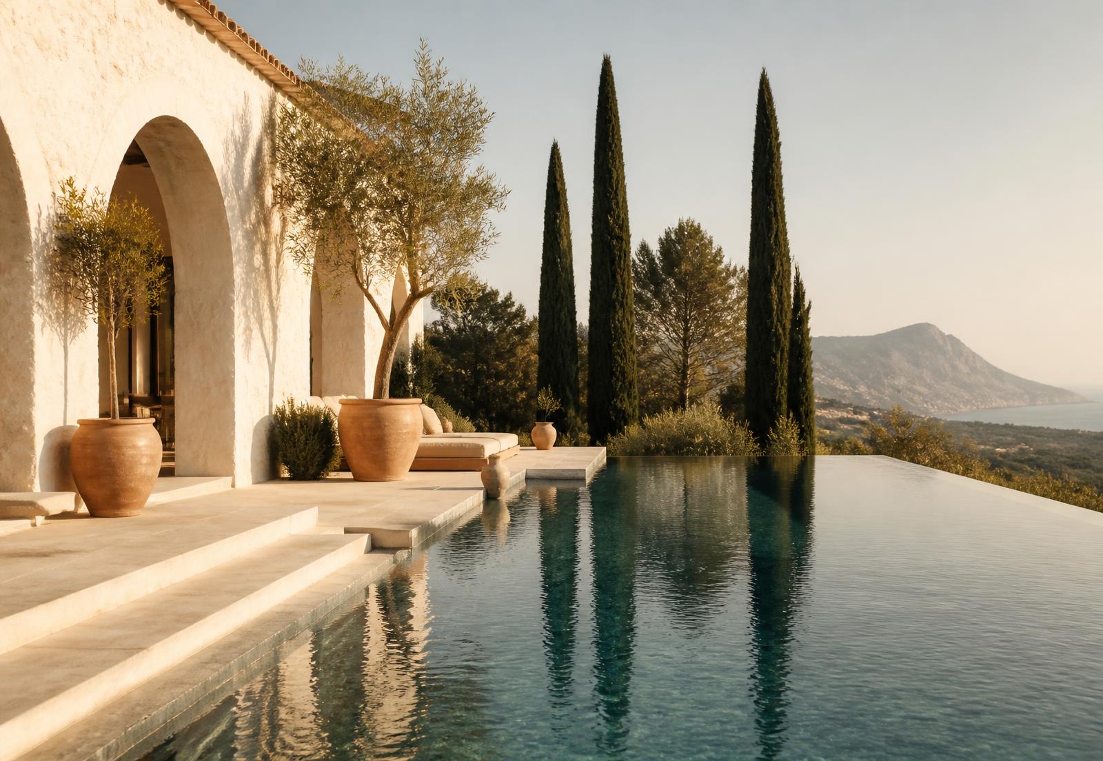 Mediterranean villa with infinity pool and cypress trees on the Costa Blanca