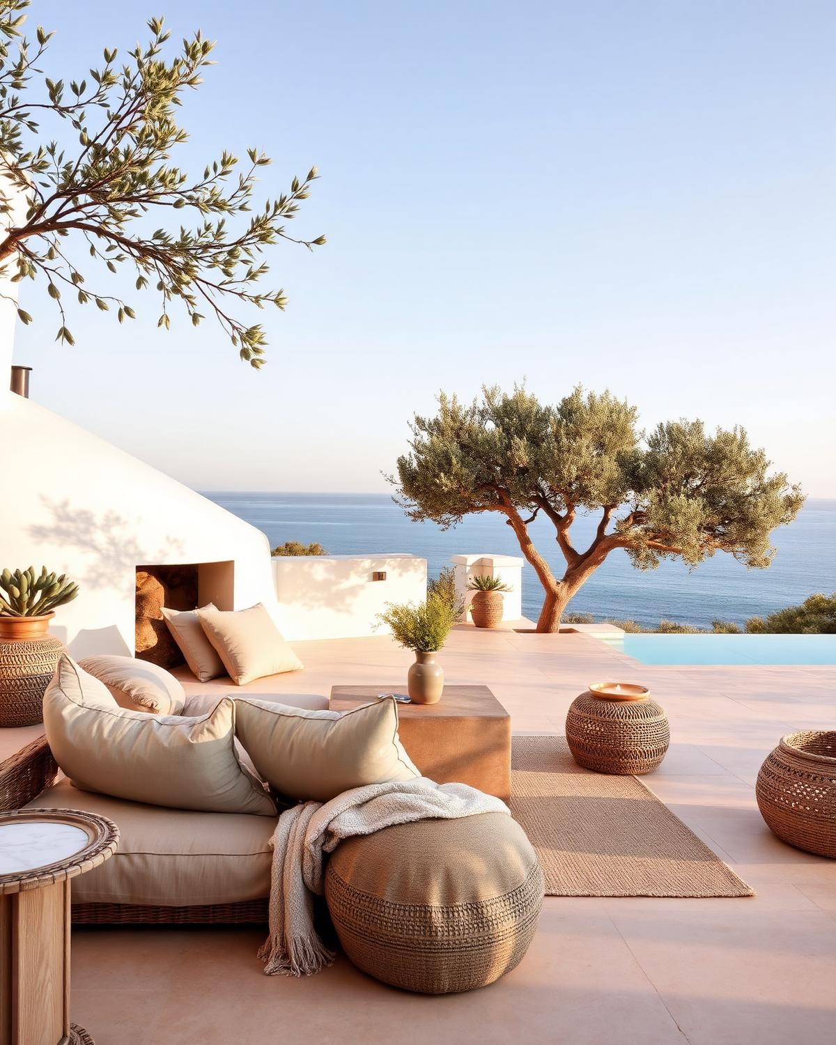 Luxury holiday home terrace with sea view and Mediterranean planting
